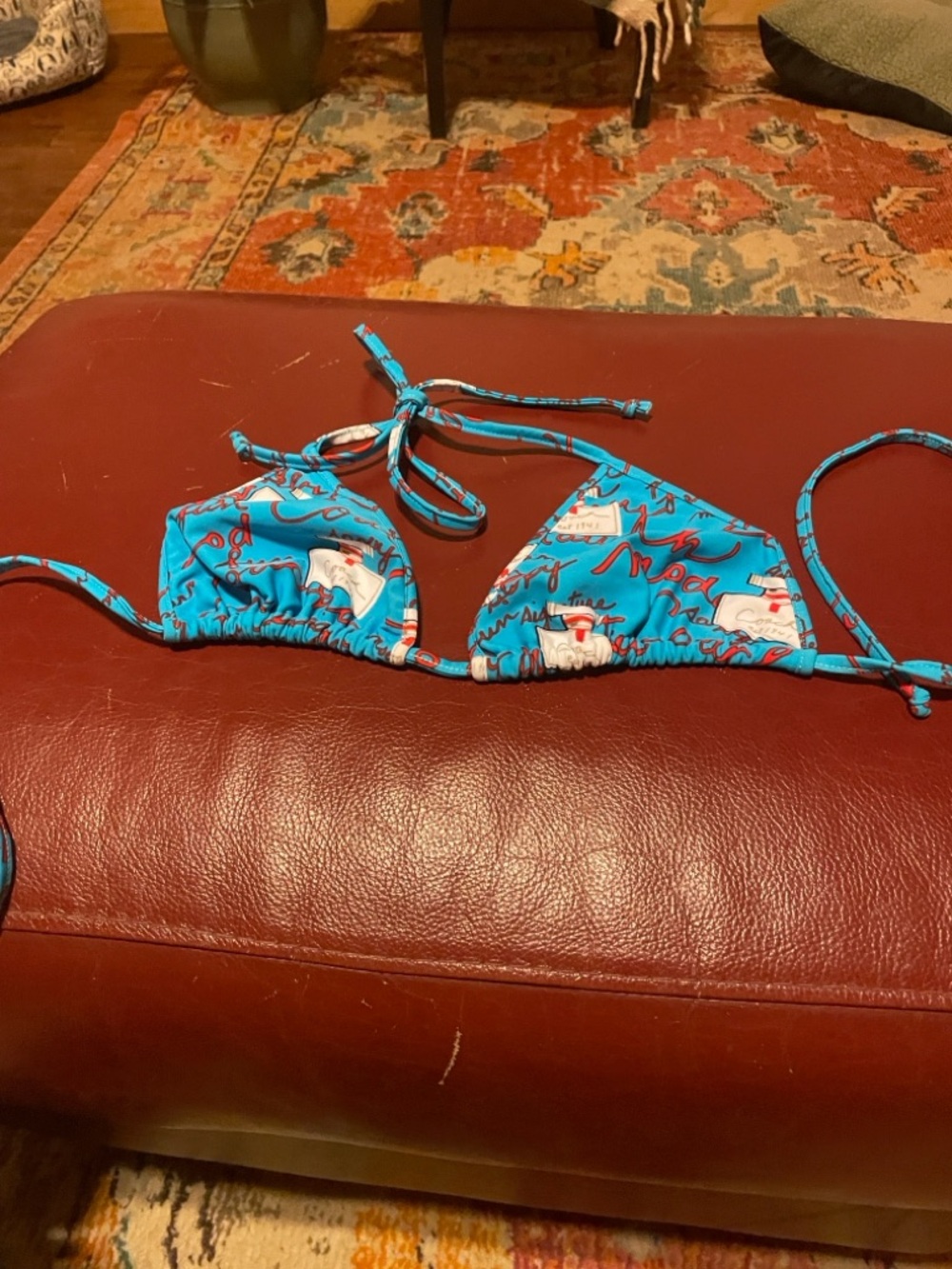 Women’s COACH Blue Graphic Triangle Bikini Top, Size XS